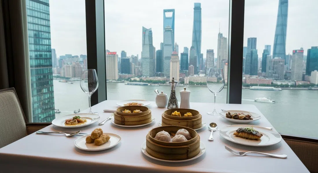 una mesa junto a la ventana en Jin Xuan en el piso 53 del Ritz-Carlton Pudong, con dim sum, bacalao negro y el horizonte del Bund al fondo a través del cristal