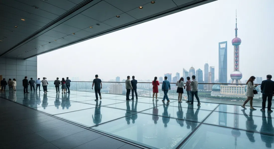 la galería con suelo de cristal dentro de la Torre Perla Oriental, con visitantes mirando hacia abajo a través del suelo transparente y la ciudad muy abajo