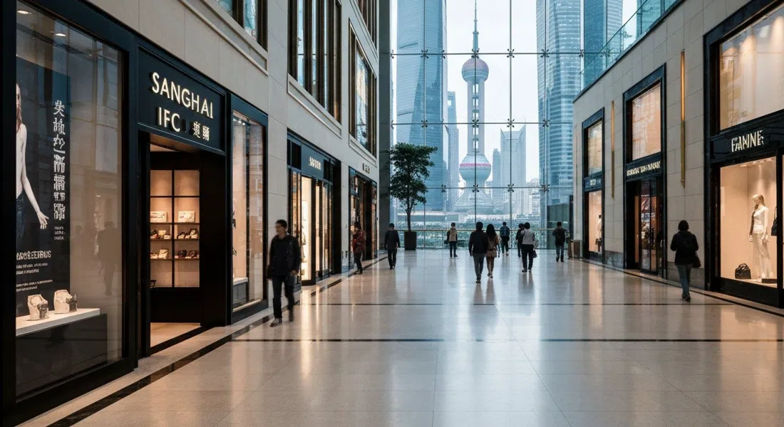 el interior pulido del Shanghai IFC Mall con fachadas de tiendas de lujo, luz brillante en el atrio y un vistazo al distrito de torres más allá del cristal