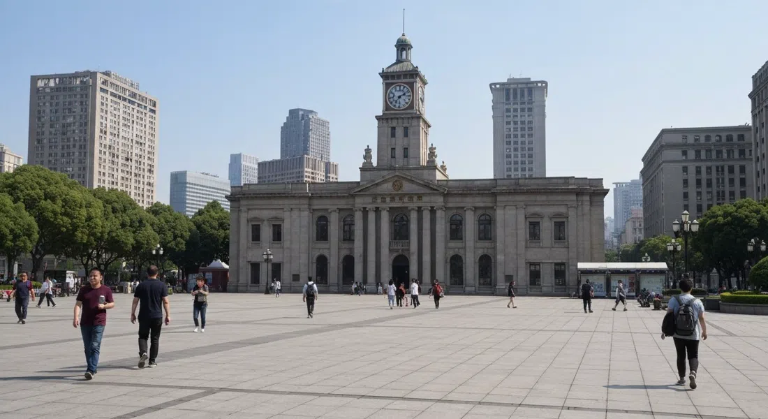 la antigua tribuna del Hipódromo de Shanghái y la torre del reloj en el lado norte de la Plaza del Pueblo, fotografiados con luz diurna clara, con la fachada del museo y el pavimento abierto al frente