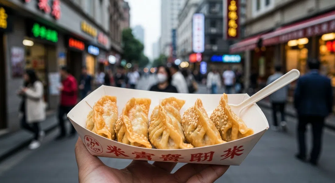 una bandeja de papel de shengjianbao de Yang's Fried Dumplings en el 97 de Huanghe Road, con bases doradas y crujientes y semillas de sésamo visibles, fotografiados en primer plano a nivel de calle