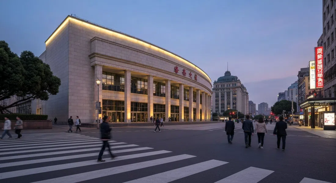 el Gran Teatro de Shanghái en la Plaza del Pueblo al atardecer, su fachada moderna curvada iluminada contra el cielo que oscurece, con peatones cruzando el atrio