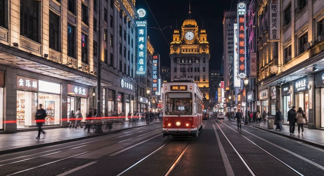 Nanjing Road Este de noche con fachadas de tiendas iluminadas con neón, el tranvía turístico vintage Dangdang pasando por la calle peatonal hacia el Bund