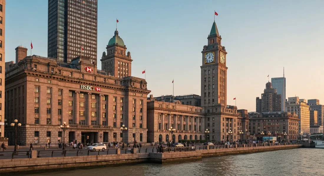 El edificio del HSBC y el campanario de la Aduana en el Bund durante la hora dorada, fachadas de granito brillando sobre el paseo fluvial