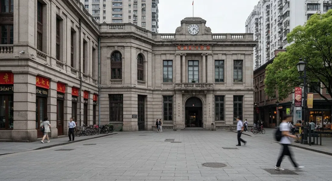 la fachada restaurada de los años 30 del Museo de Arte Rockbund en el 20 de Huqiu Lu, enmarcada por callejones más tranquilos detrás del Bund norte