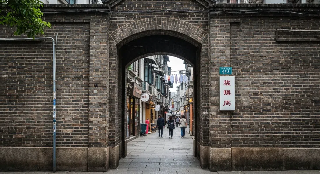 la entrada de ladrillo desde la carretera Taikang hacia Tianzifang, con viejas paredes shikumen, un estrecho callejón más allá, y el primer indicio de ropa tendida y letreros de tiendas