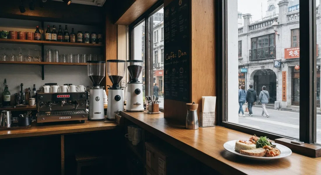 Café Dan en el Callejón 248, con un mostrador de equipo de café tostado en casa, tazas en la barra, y un plato de almuerzo tranquilo de comida reconfortante japonesa-occidental junto a la ventana