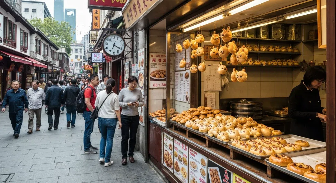 Old Shanghai Cake Shop cerca del Callejón 210, con bandejas de pasteles tradicionales y bollos con forma de animal en un escaparate compacto abarrotado de visitantes que pasan