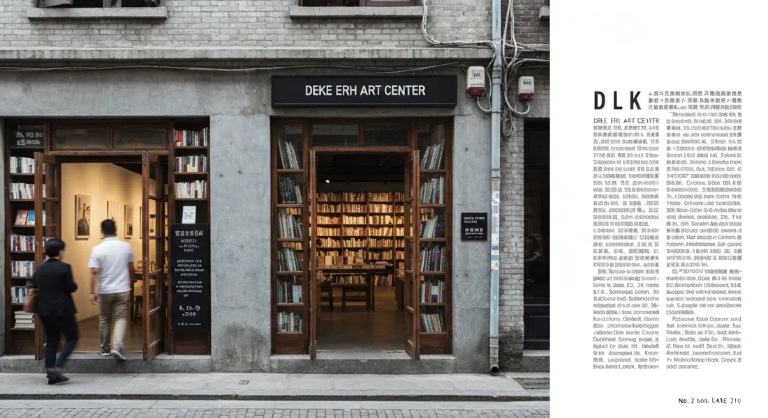 Deke Erh Art Center en el No. 2 Callejón 210, con su fachada de fábrica reconvertida, entrada de galería e interior lleno de libros vislumbrado desde el callejón