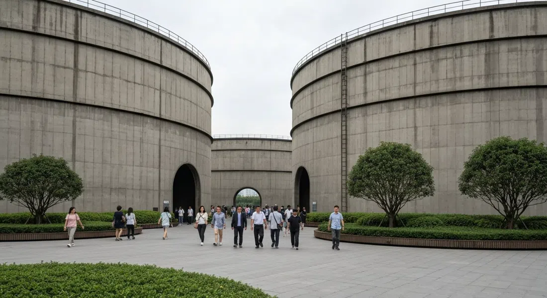 los tanques de combustible circulares reconvertidos de Tank Shanghai y el parque circundante en el 2380 de la avenida Longteng, vistos desde el nivel del suelo con visitantes caminando entre los cilindros de hormigón