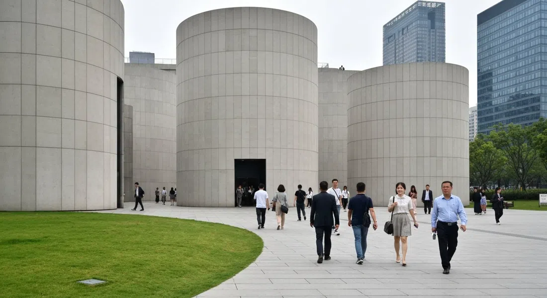 visitantes moviéndose entre las galerías cilíndricas de Tank Shanghai y el parque adyacente, con luz suave del día sobre el hormigón y el césped