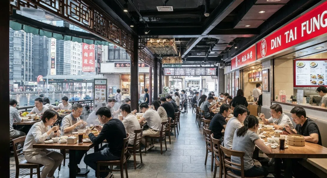 Din Tai Fung en Xintiandi, cestas humeantes de xiaolongbao y comensales en mesas juntas en el bullicioso segundo piso del South Block