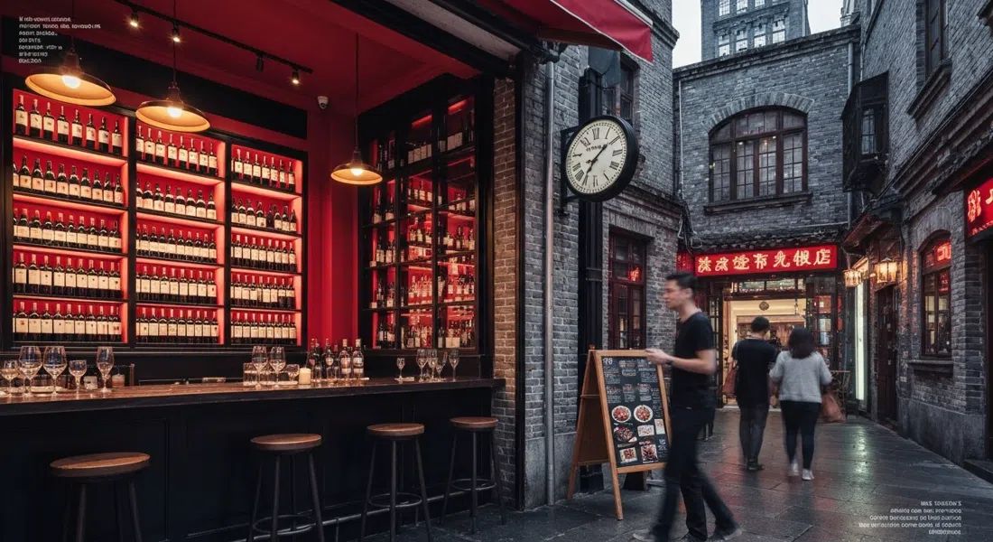 Penfolds Cellar No 8 en el 8 de Jinan Road, interior de bar de vinos rojo y negro con botellas en exhibición y ladrillos shikumen visibles en la cálida luz del atardecer