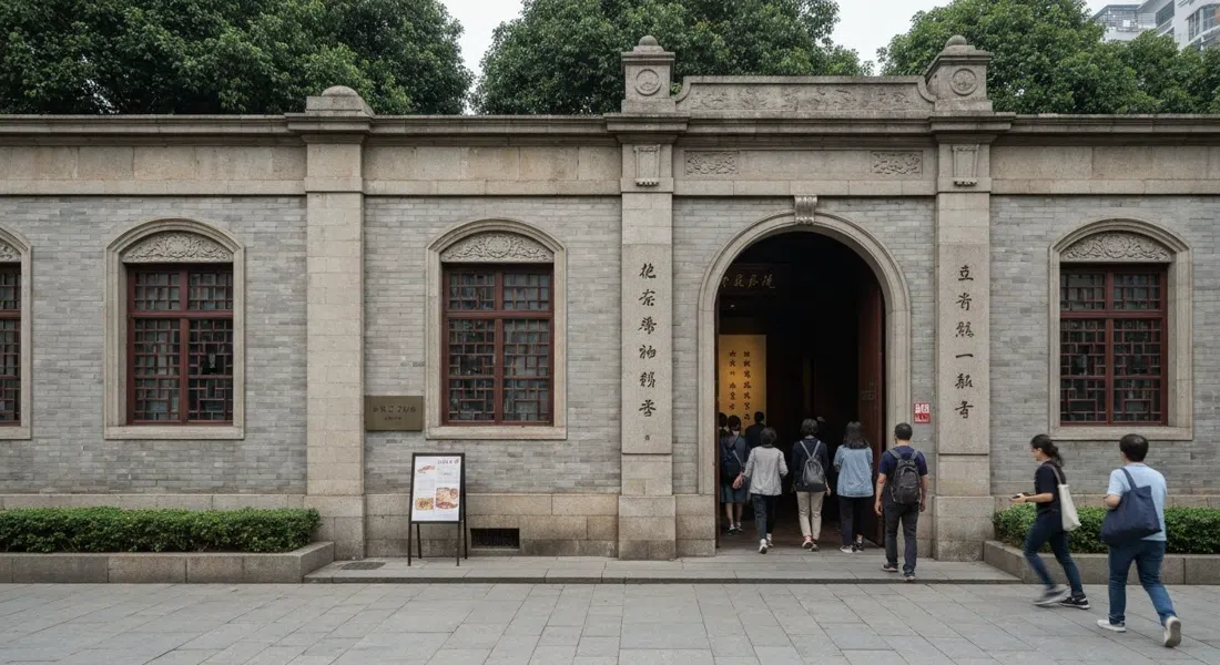 el Sitio del Primer Congreso Nacional del PCCh en el 76 de Xingye Road, fachada de casa shikumen preservada con visitantes entrando al salón conmemorativo junto a ella