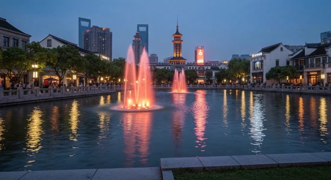 Parque Taipingqiao y Lago Taiping al atardecer, luces de fuente en el agua con fachadas de Xintiandi reflejadas en el lago