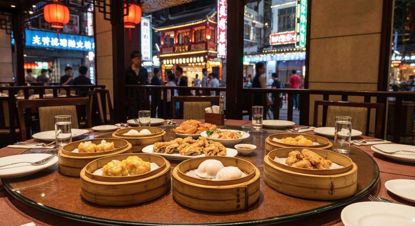 a polished Cantonese dim sum table at Seventh Son on Weihai Road, bamboo baskets and crispy chicken arranged under warm restaurant lighting