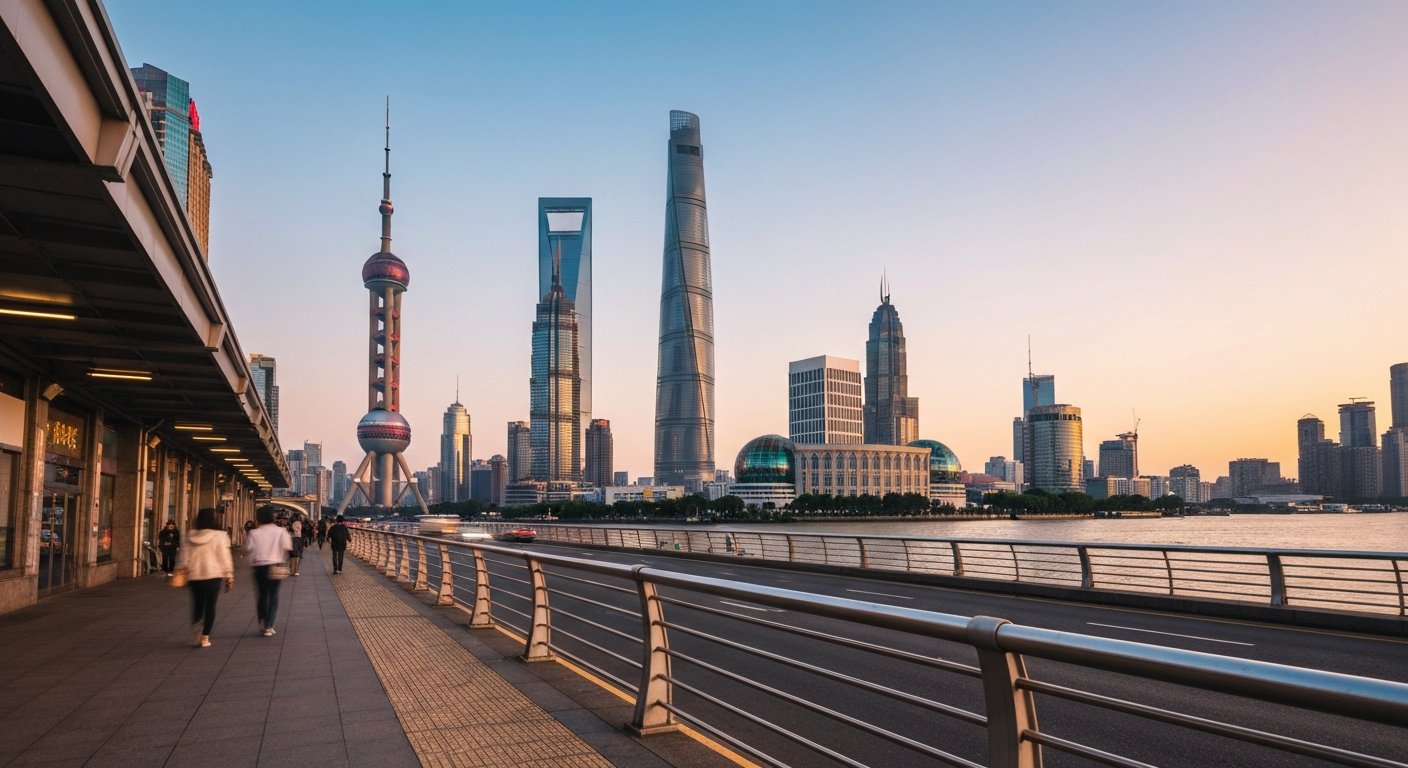 the Oriental Pearl Tower, Jin Mao Tower, Shanghai World Financial Center and Shanghai Tower clustered above the Huangpu River at late afternoon, seen from a low angle with traffic and footbridge lines in the foreground