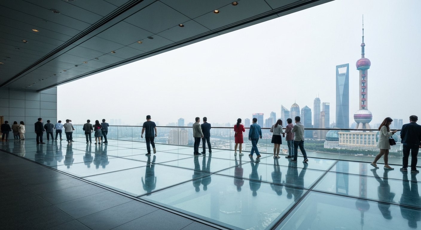 the glass-floored gallery inside the Oriental Pearl Tower with visitors looking down through the transparent floor and the city far below